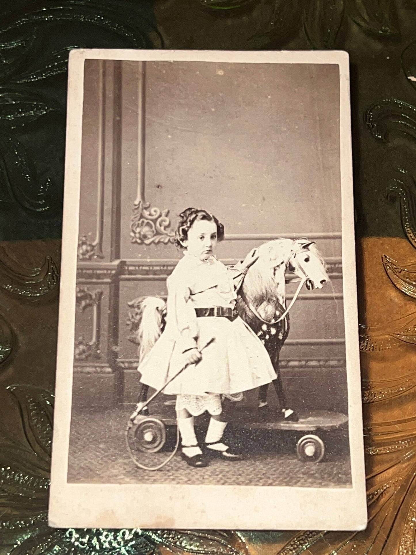 Antique Victorian cdv photo little girl next to large toy horse on wheels 1870s cheltenham