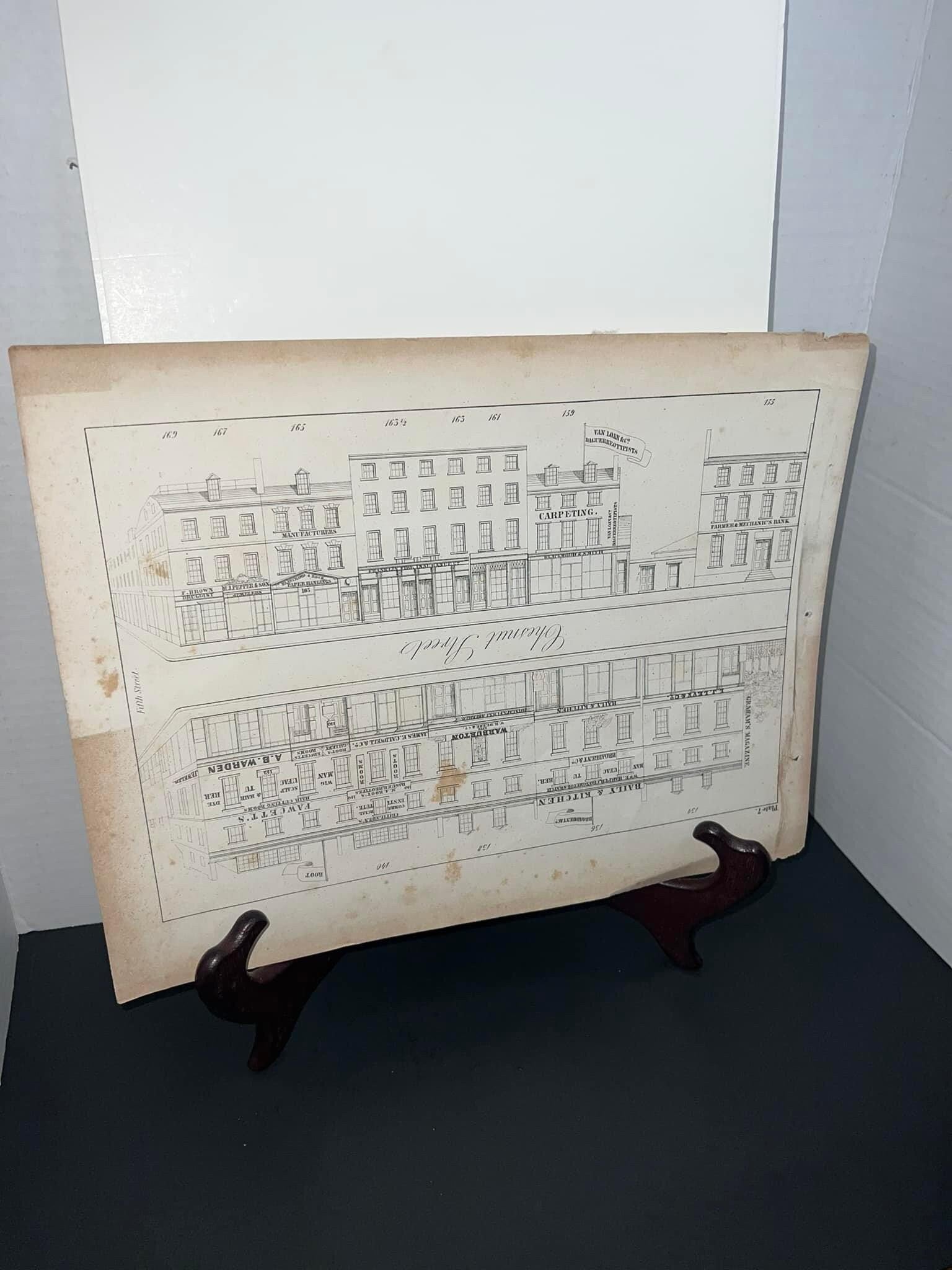 Antique Victorian 1851 plate engraving Chestnut street philadelphia historic business architecture