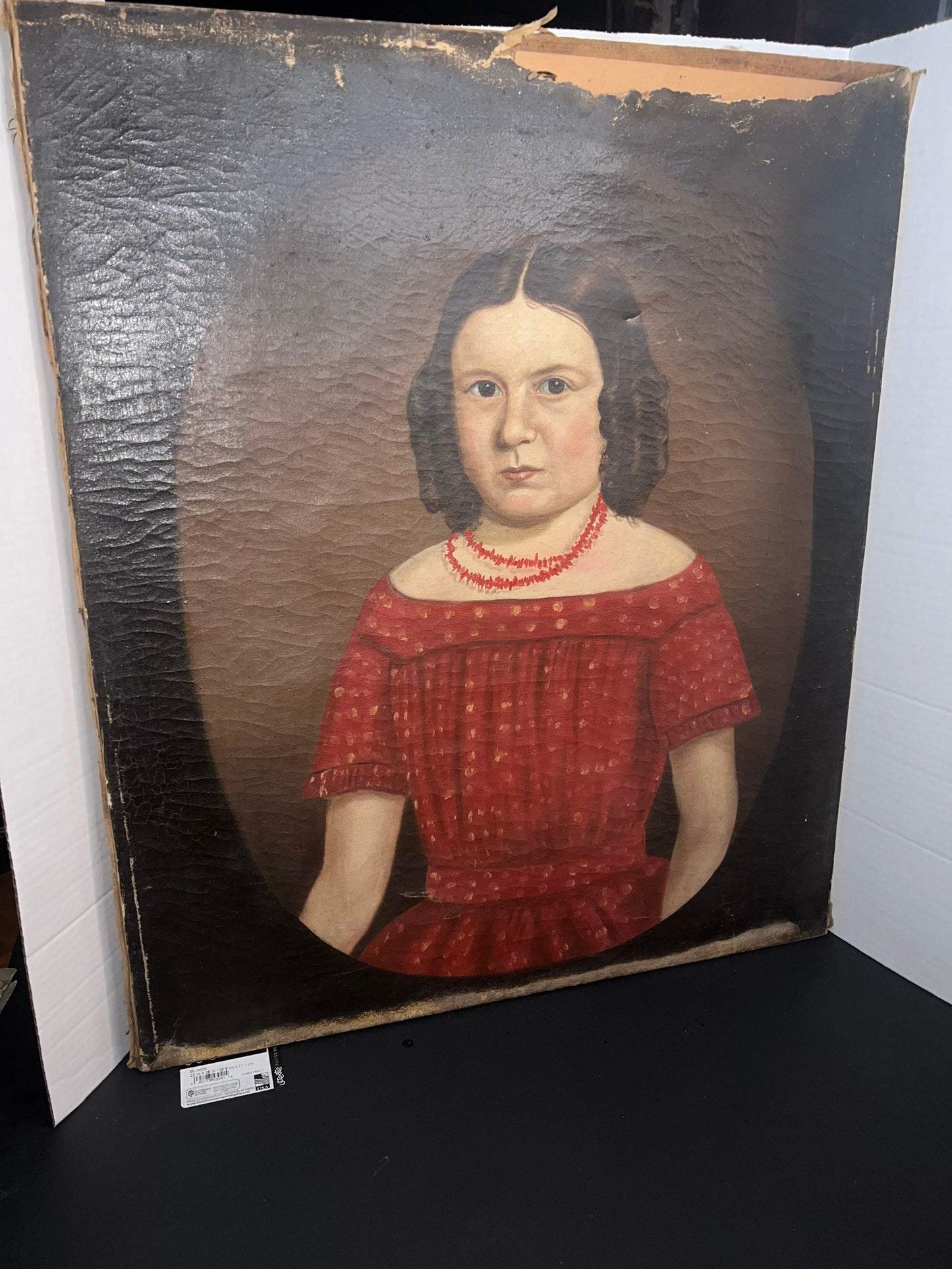 Antique Early primitive folk art —1840-1850s Portrait unknown girl - oil on canvas gothic