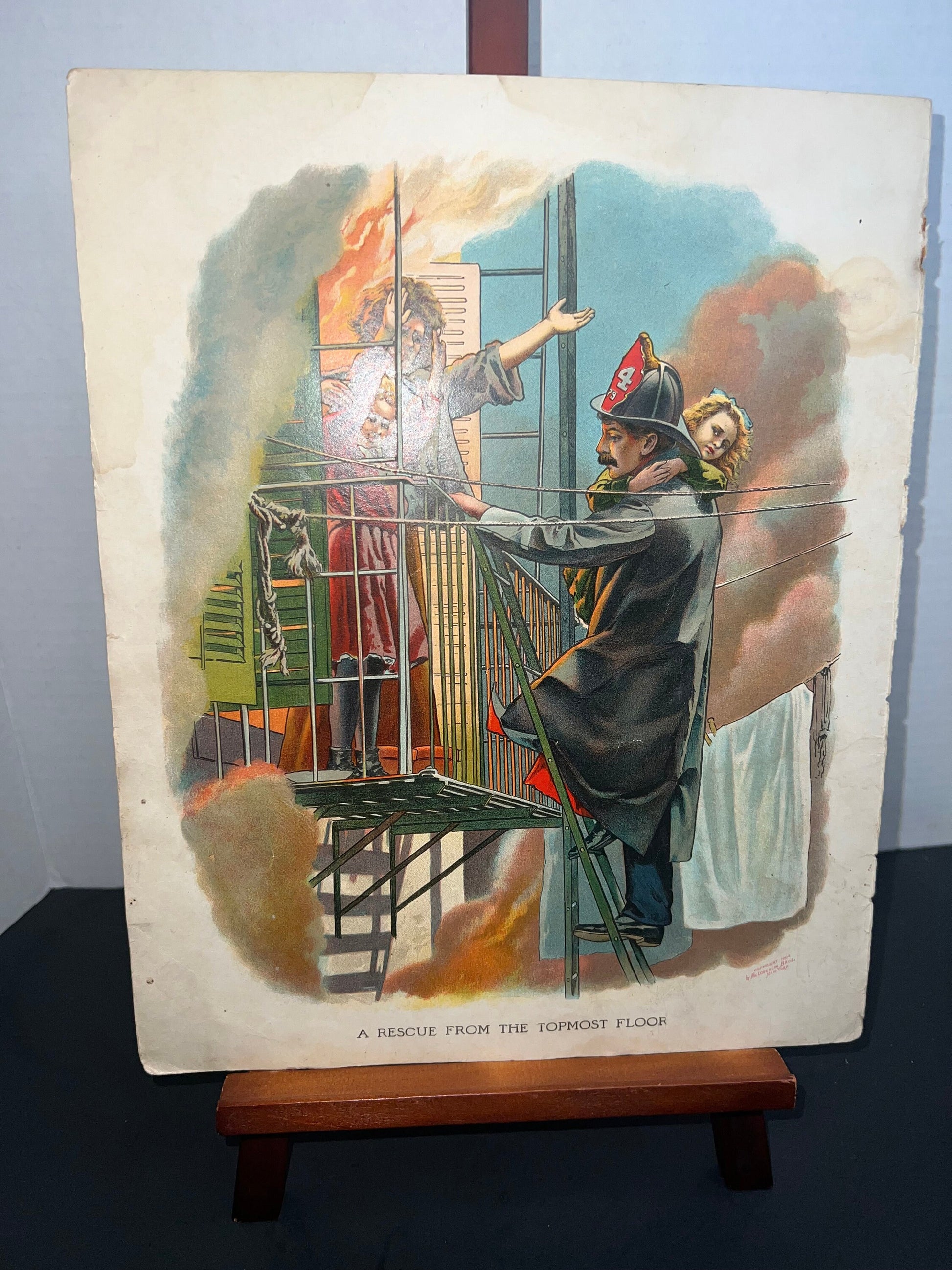 Antique lithograph fireman firefighter 1890-1900 print rescue Victorian print