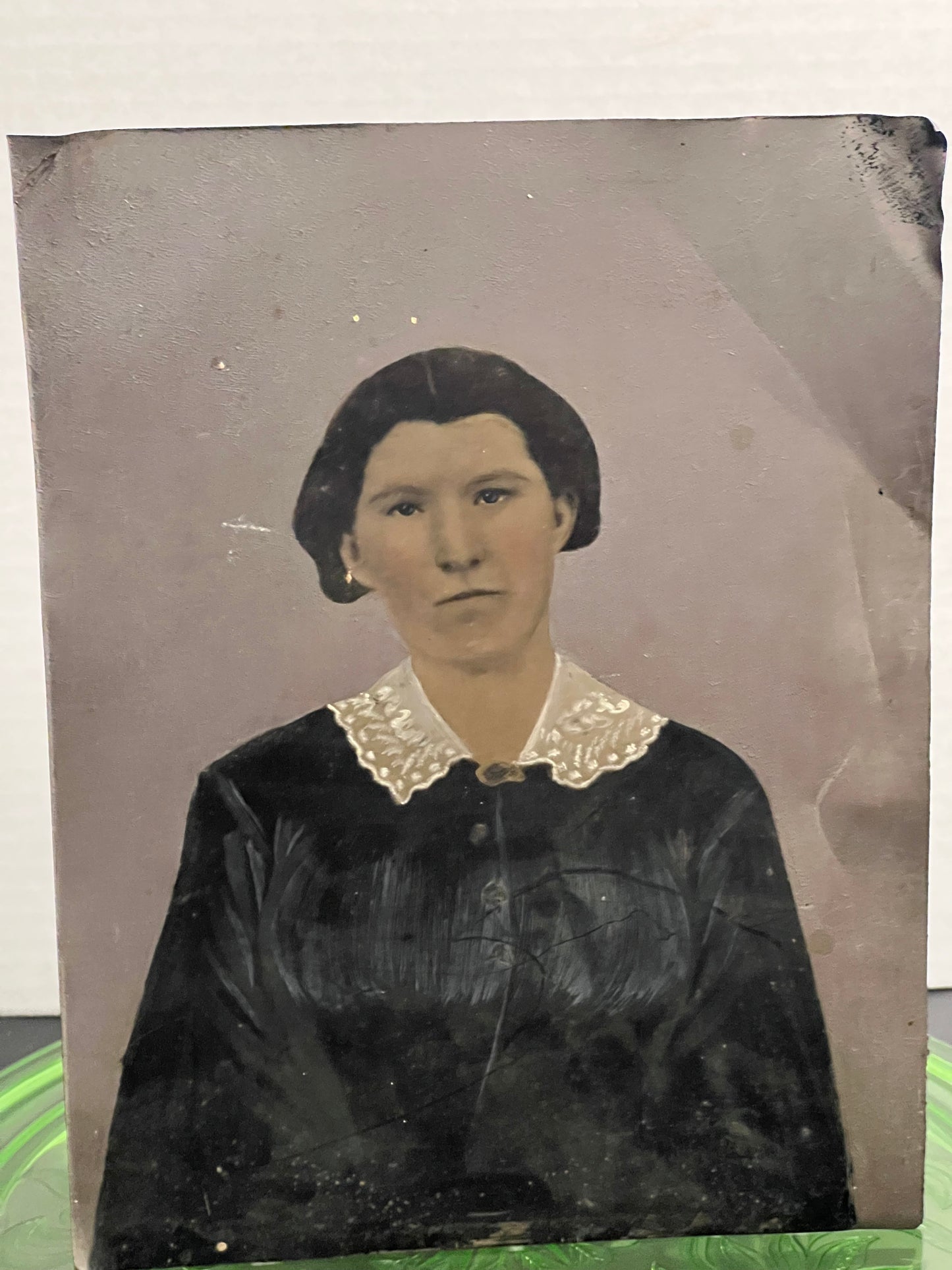 Antique Victorian tintype photo full plate woman hand painted folk art 1870s