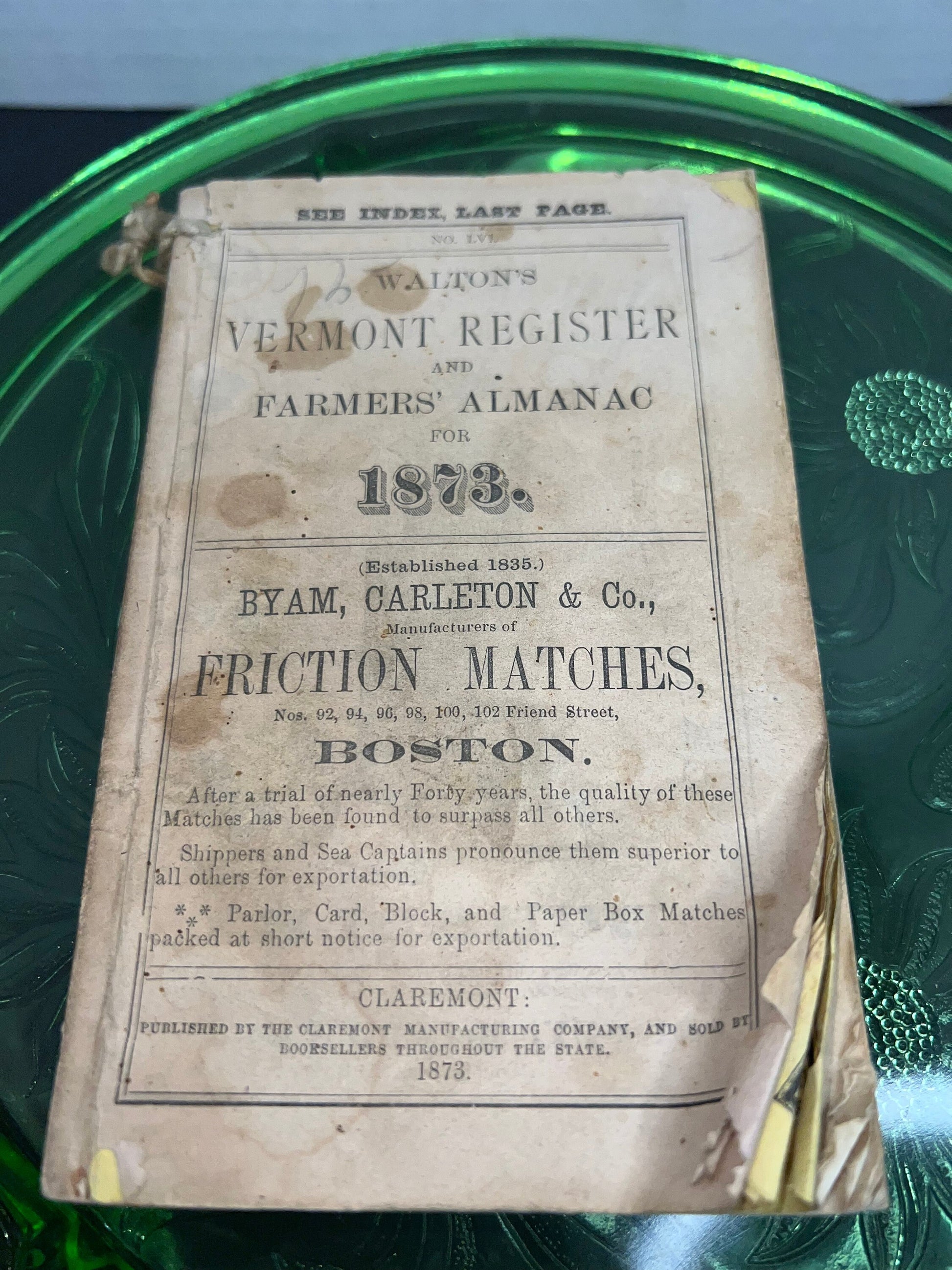 Antique Victorian 1873 Walton’s Vermont register and farmers almanac fold out map early advertising