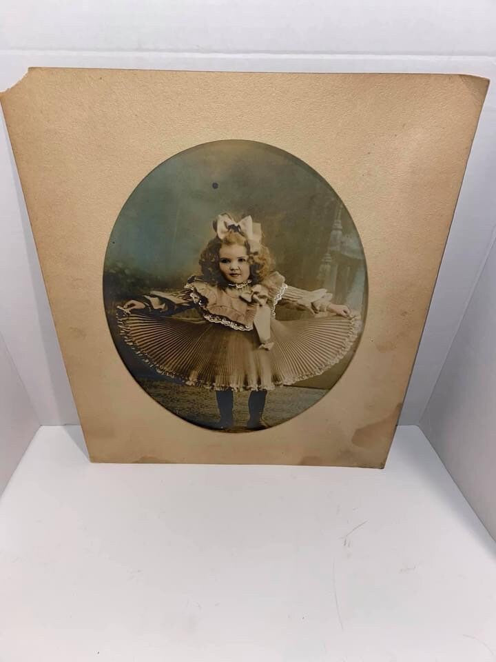 Antique photo beautiful little girl holding dress hand tinted large 1900s vintage photo