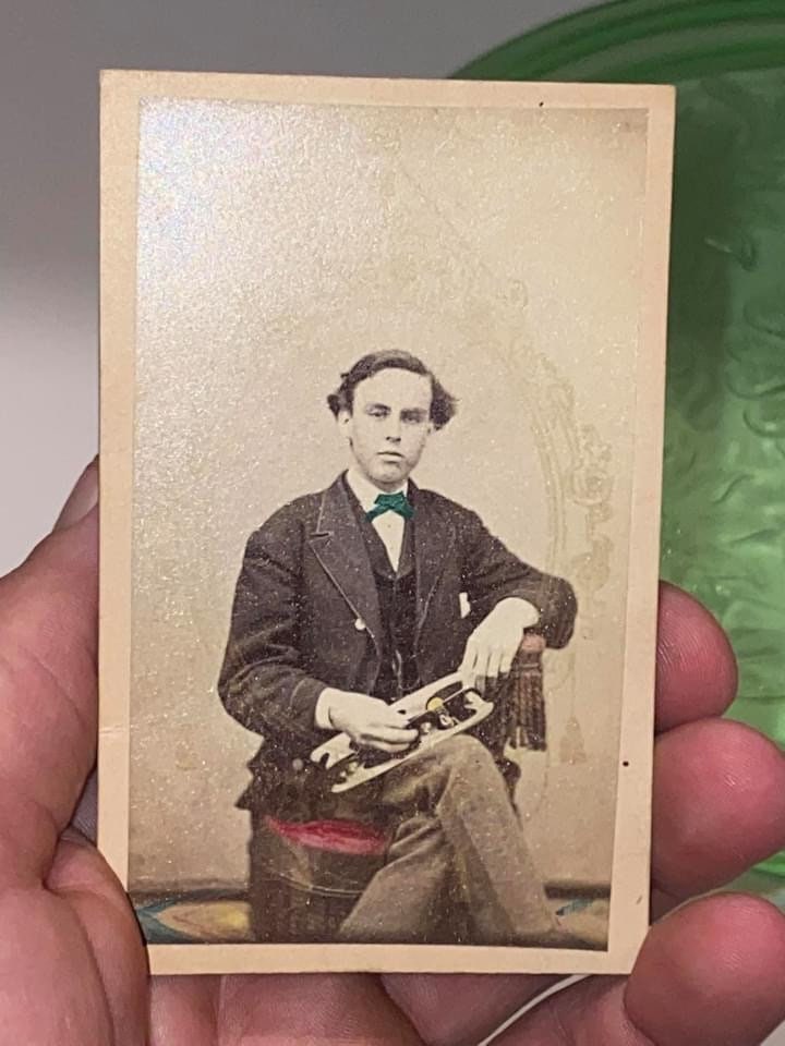 Antique cdv photo young gentleman holding ice skates civil war era hand tinted Victorian identified
