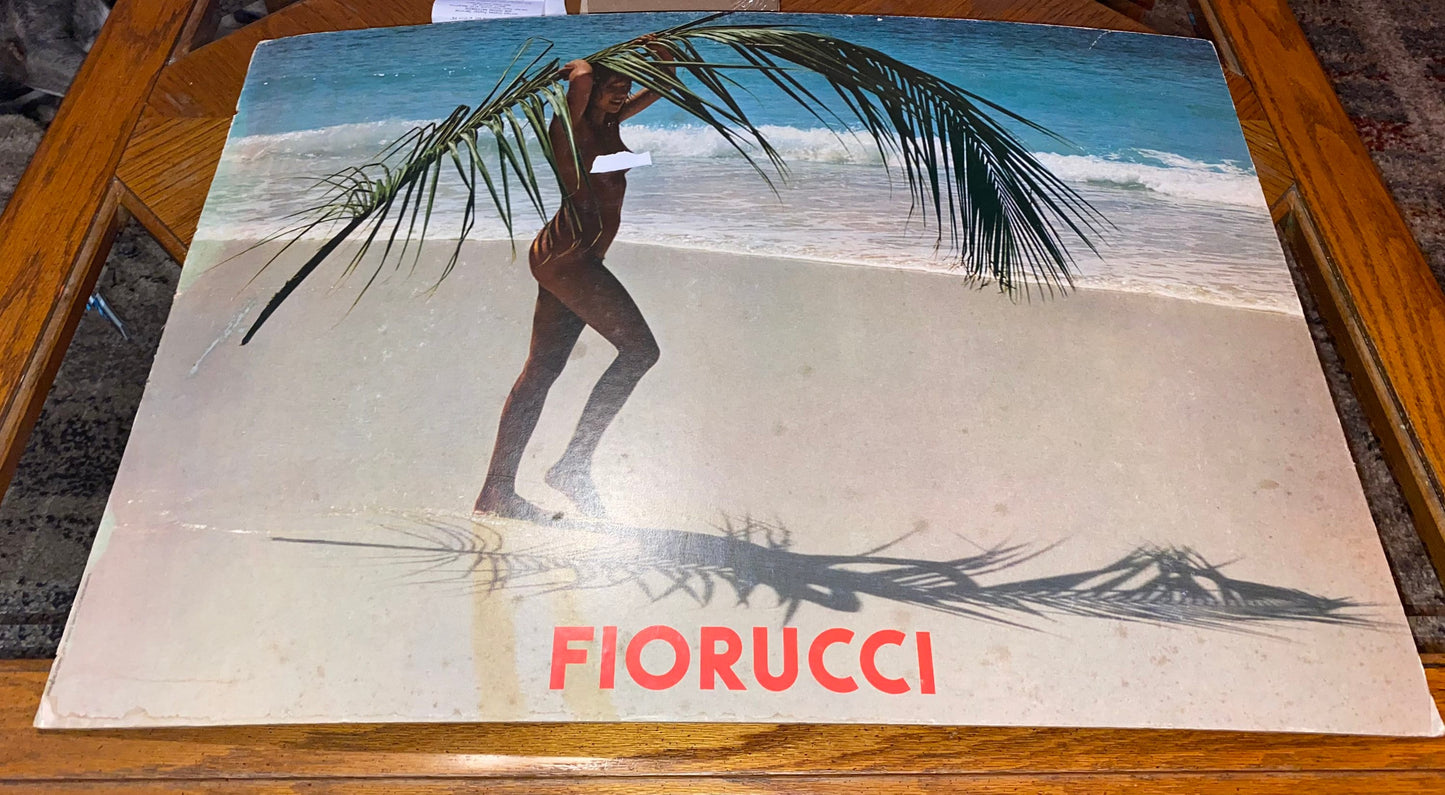 Vintage 1970s clothing advertising Italian fiorucci nude woman on beach cardstock ad