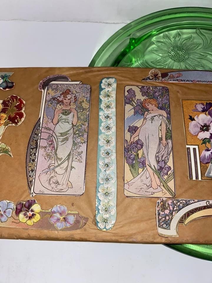 Antique Alphonse mucha & pansies die cuts on board early amateur art post Victorian 1900s