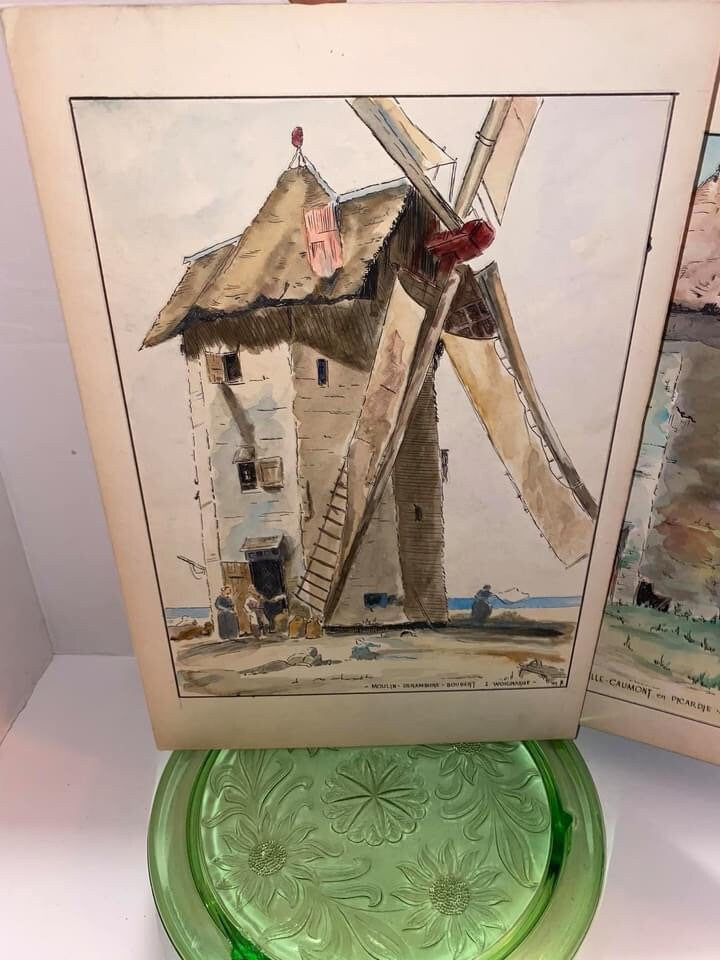 Vintage French art watercolor 1949 French windmills mid century artist signed