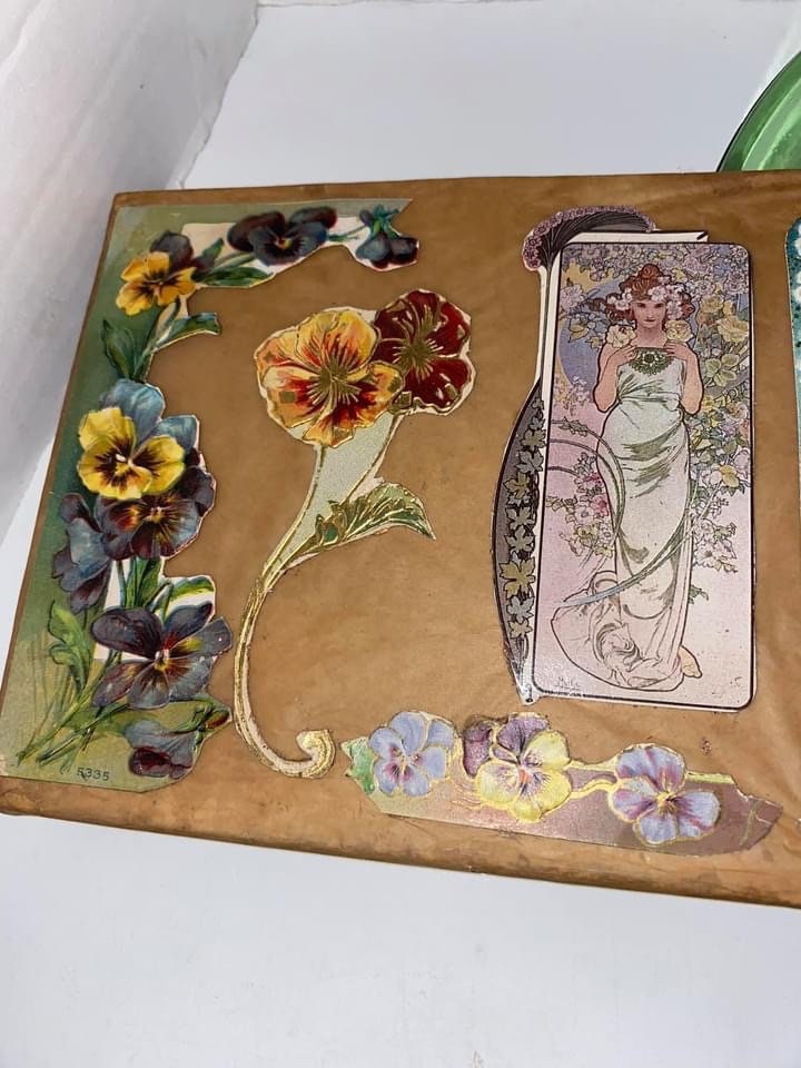 Antique Alphonse mucha & pansies die cuts on board early amateur art post Victorian 1900s