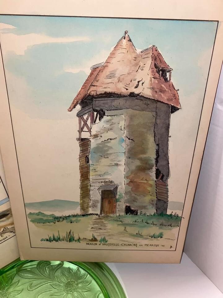 Vintage French art watercolor 1949 French windmills mid century artist signed