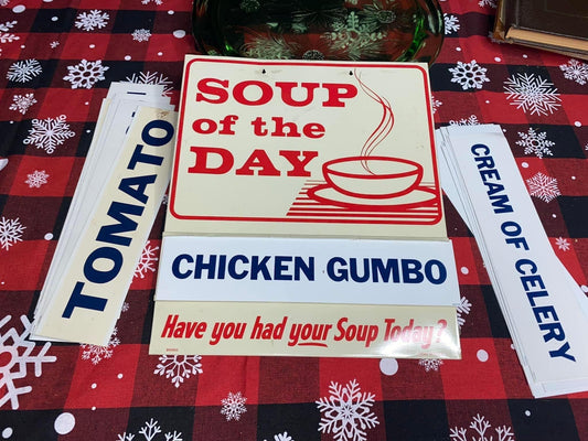 Vintage original retro soup of the day metal sign 1960 w lithograph cards retro advertising kitchen restaurant