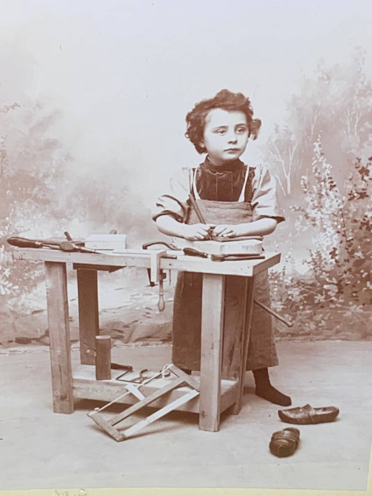 Antique Victorian cabinet photo occupational child shoe cobbler at bench w tools 1880