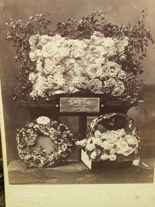 Antique Victorian cabinet photo mourning funeral floral arrangement Emily coe 45 yrs old