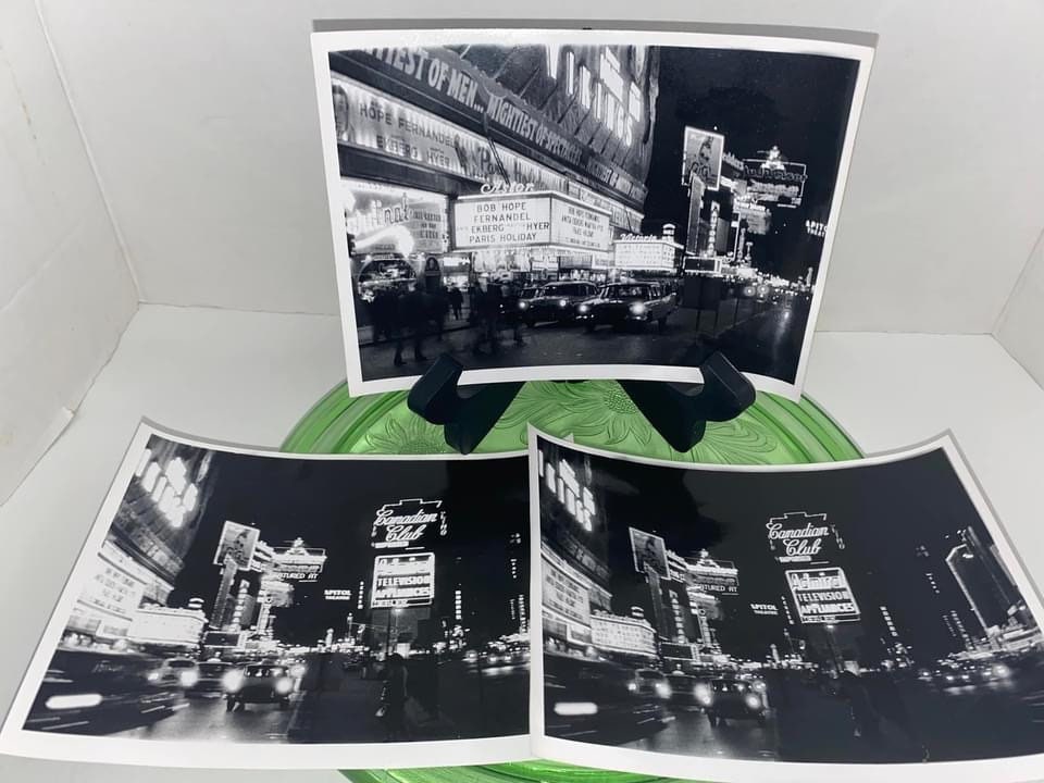 Vintage snapshots New York broadway night scene lights advertising signs mid century late 1950s