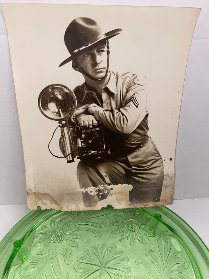 Vintage ww2 soldier photo holding speed graphic camera world war 2 photography