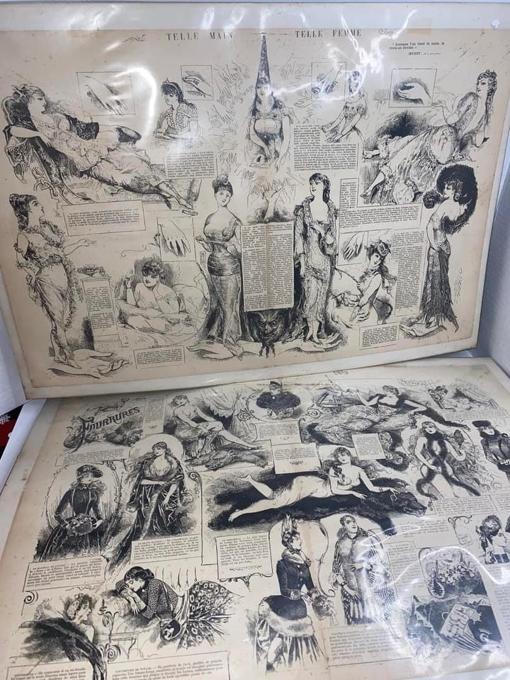 2 unusual French lithographs Great imagery— risqué , devil face , hands magician 1870 1880 Victorian Art