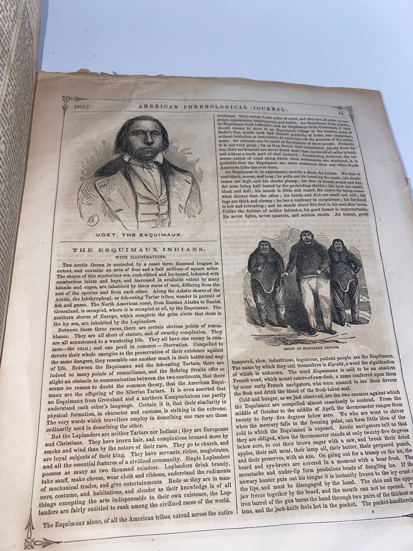 Antique medical quack medicine American phrenological journal 1855 nice piece on esquimaux Indians pre civil war