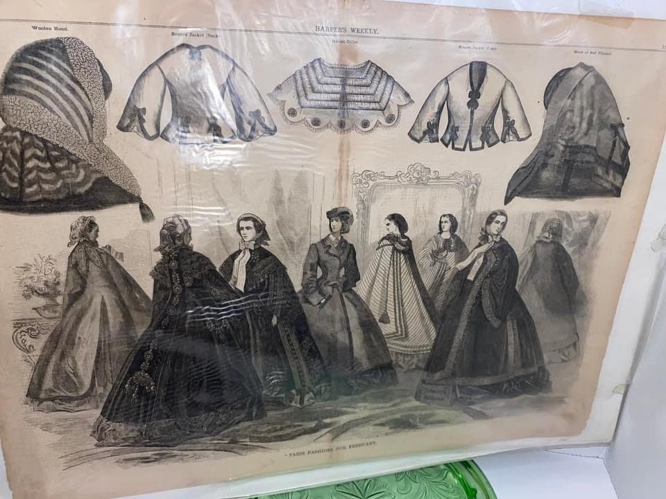 Antique civil war engraving Large harpers weekly fashion 1861 Paris fashions for February