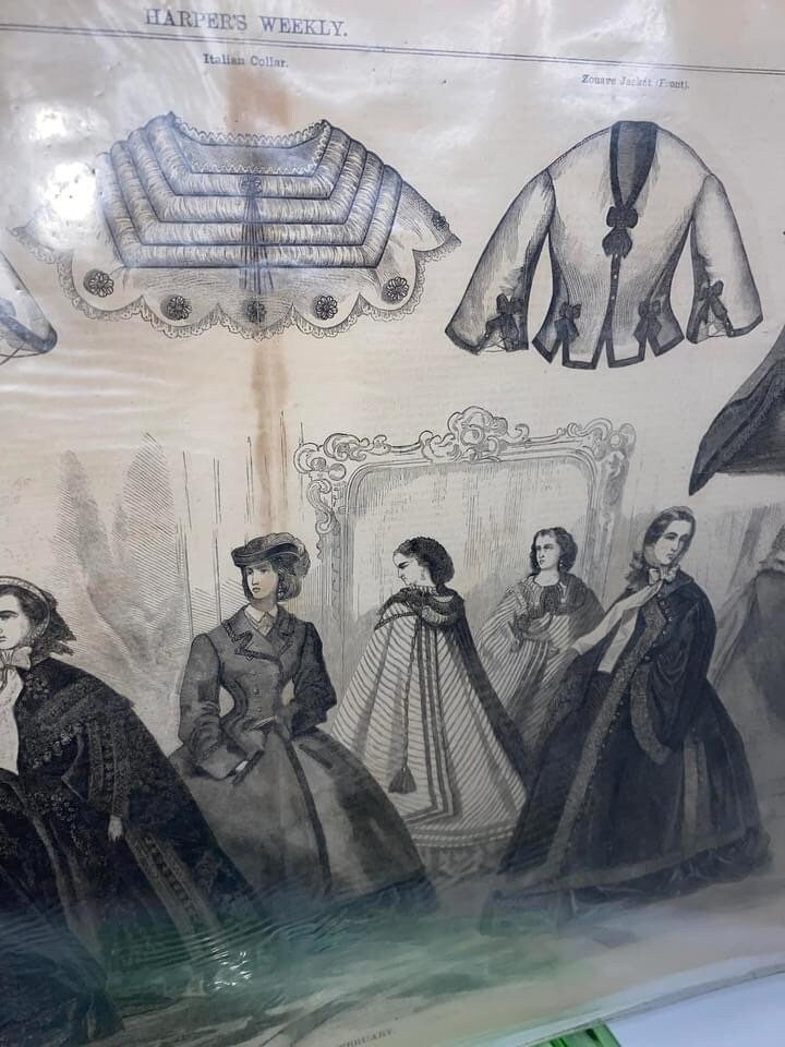 Antique civil war engraving Large harpers weekly fashion 1861 Paris fashions for February
