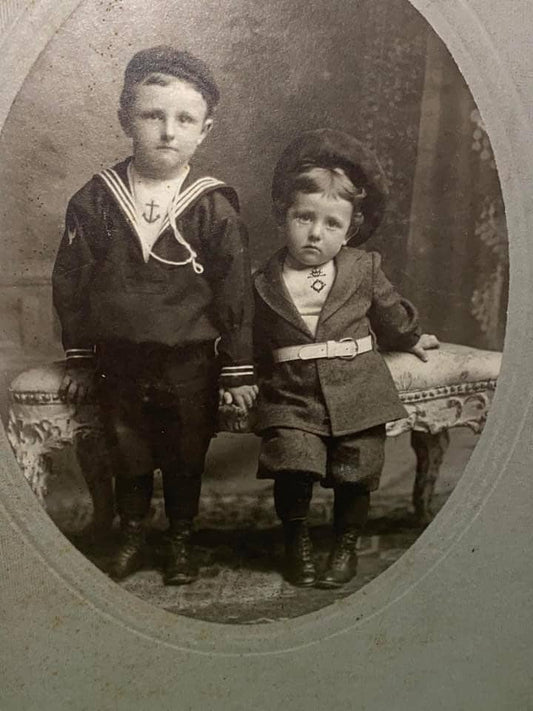 Antique mounted photo handsome siblings in sailor outfits idd Jerome & Gus ross late 1890s Victorian