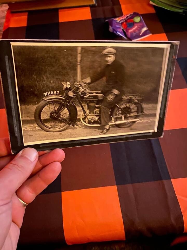 Antique vintage photo Vintage motorcycle mounted snapshot. 1920-1930