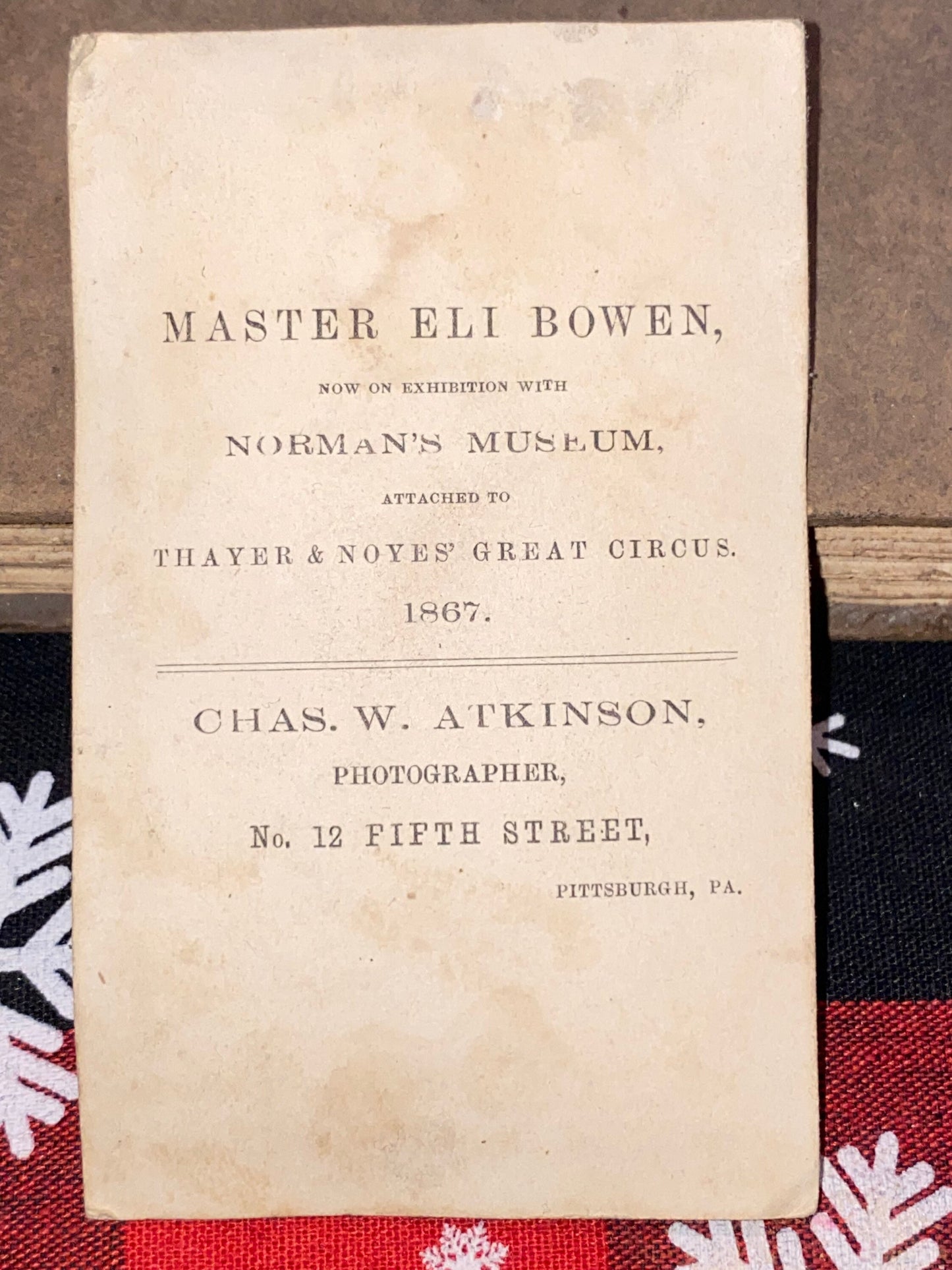 Antique cdv photo Master Eli Bowen Now on exhibition with Norman’s museum Attached to Thayer & noyes great circus 1867 sideshow oddity