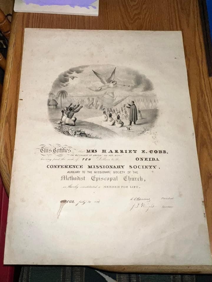 Antique pre civil war 1848 large early certificate missionary owego New York Christianity to native Americans