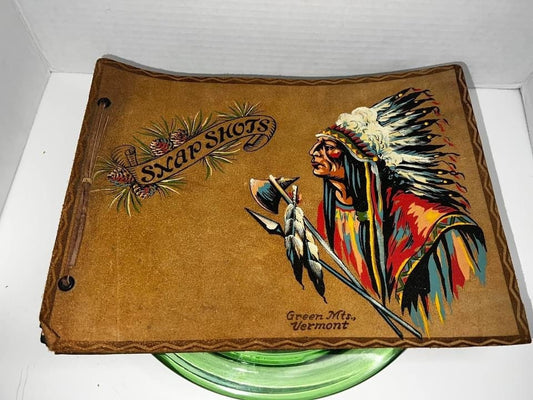 Vintage Empty snapshots album Leather w hand painted Native American 1930-1940