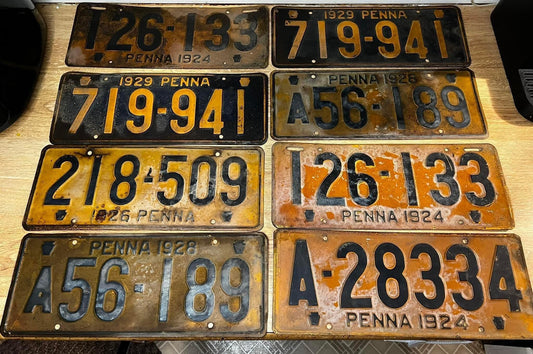 Vintage 8 early Pennsylvania license plates 1924,1924,1928,1929,1928,1926,1929,1924