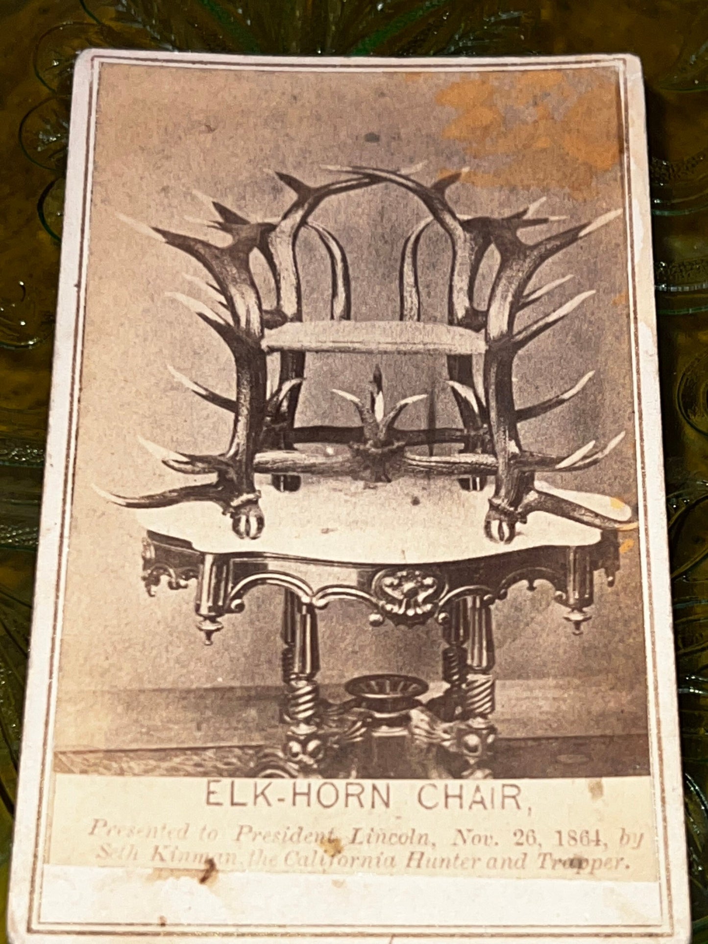 Antique cdv photo civil war era elk horn chair presented to president Abraham Lincoln 1864