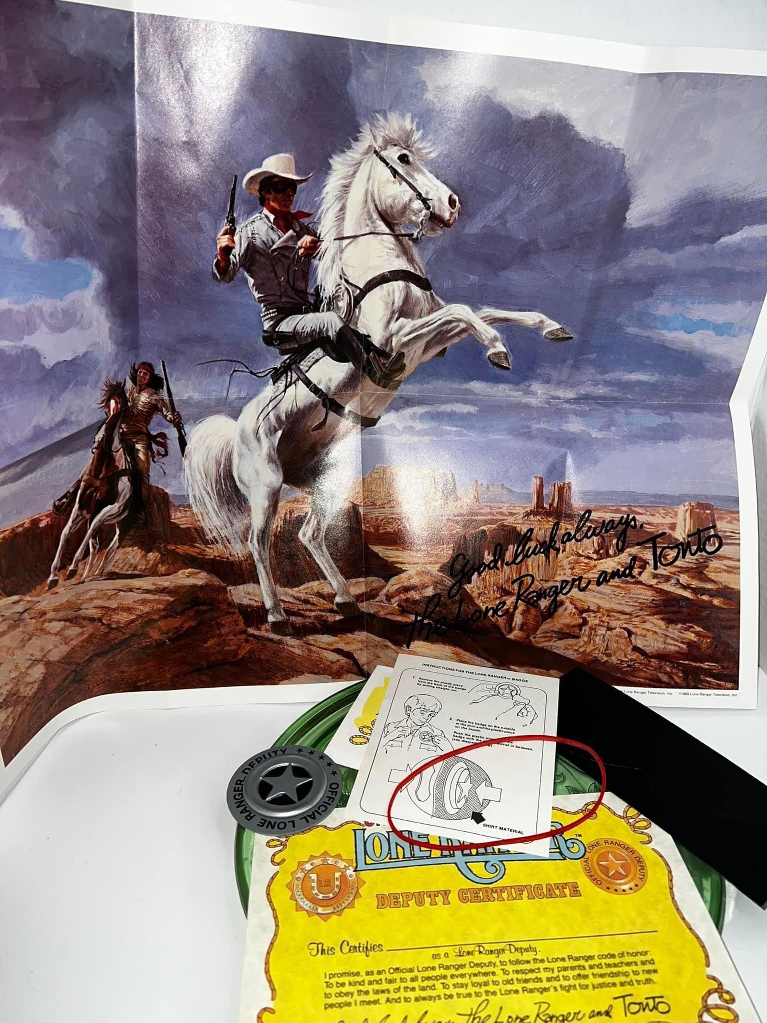 Vintage 1980 Lone Ranger Send away premium kit Poster, badge, mask w rubberband holder , booklet & certificate