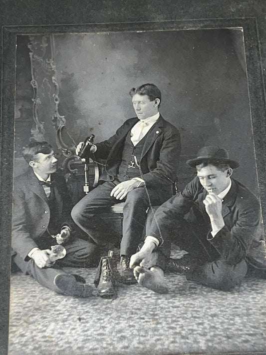 Antique Mounted photo 3 men drinking one with shoes off 1900’s