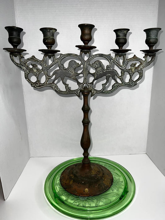 Antique candelabra 5 candle points Dogs & some creature that looks to have wings alter centerpiece
