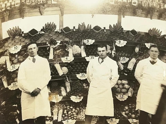 Antique Early occupational photos Grocery store clerks showing of their produce Circa 1910-1920s