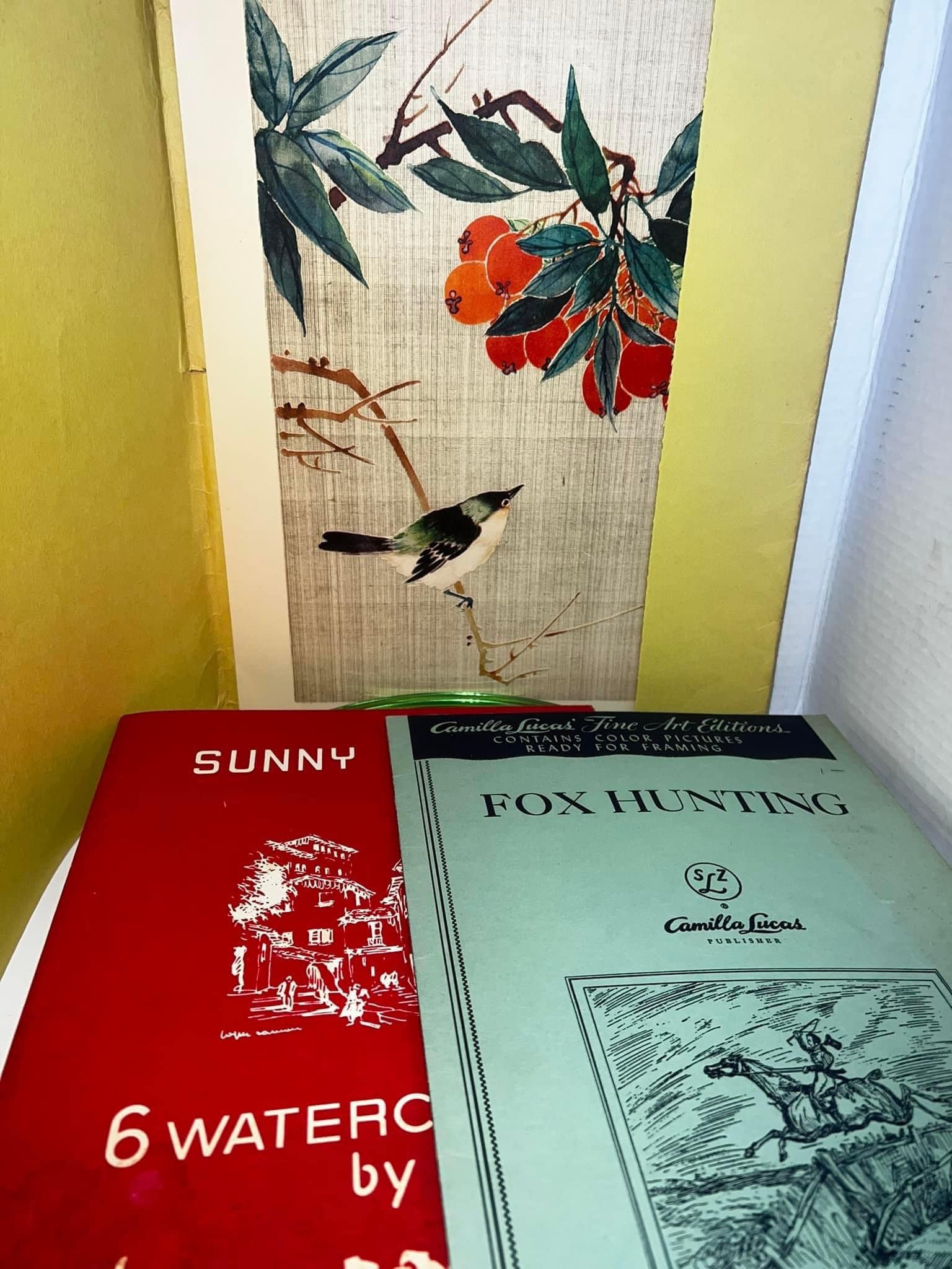 Vintage mid century 14 vintage lithographs 1950s Chinese watercolor birds, fox hunting & Spain