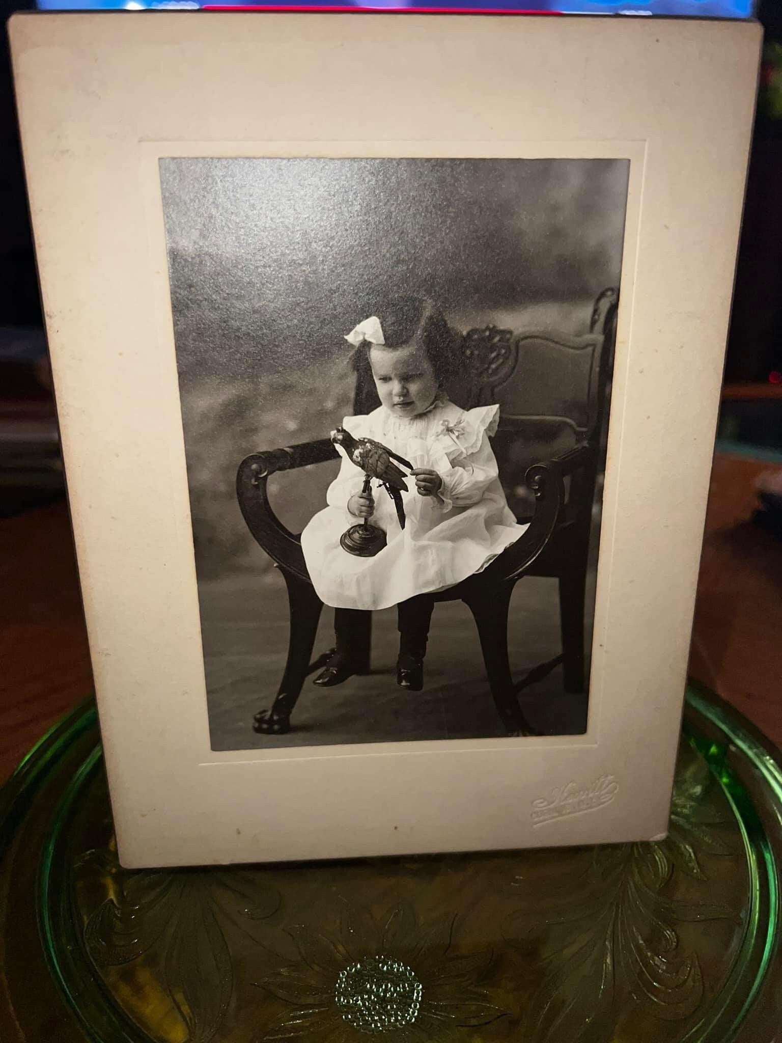 Antique mounted photo Beautiful little girl holding toy parrot corning New York