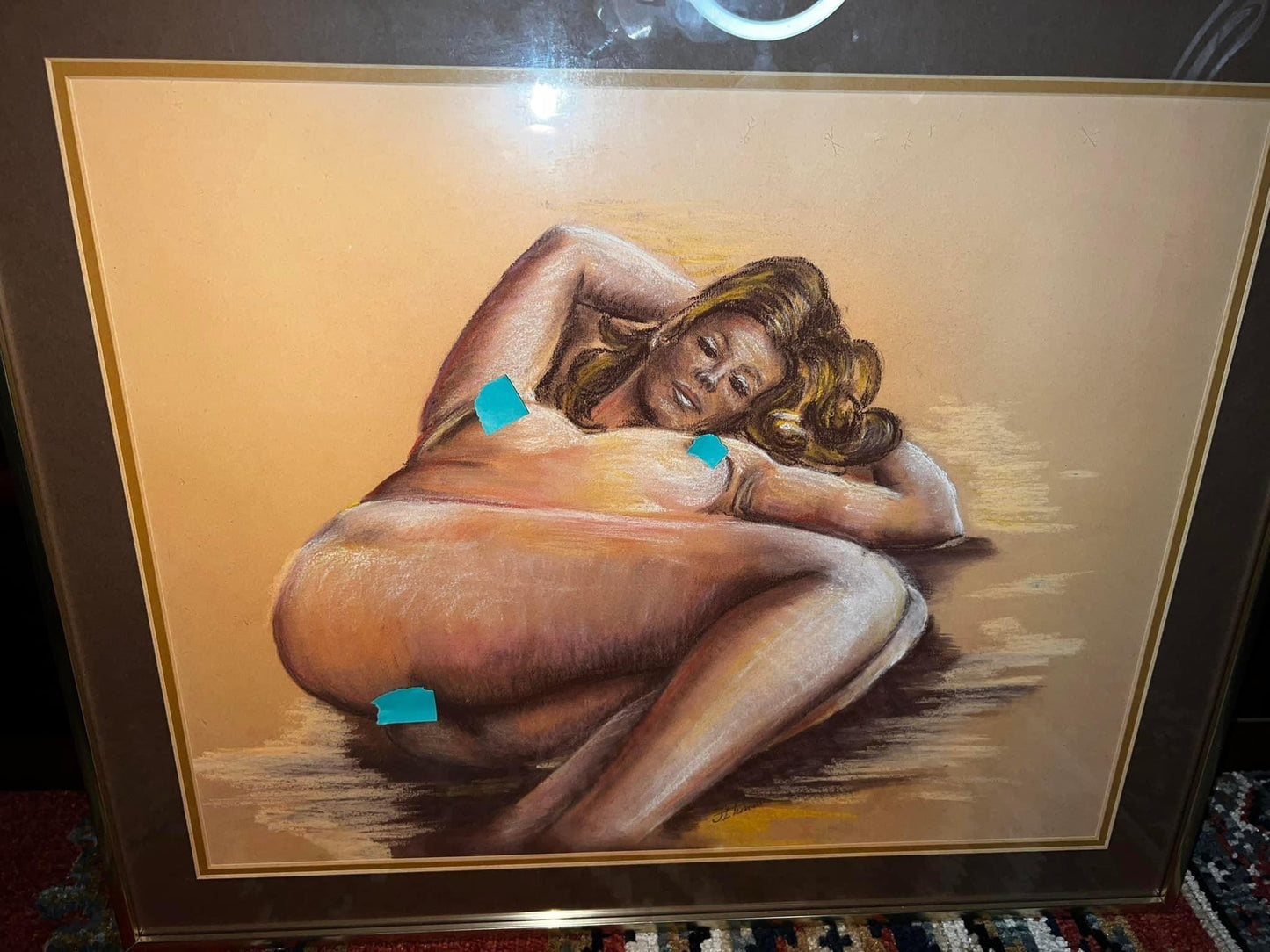 Vintage nude risqué woman Original artist Charcoal pastel 1974
