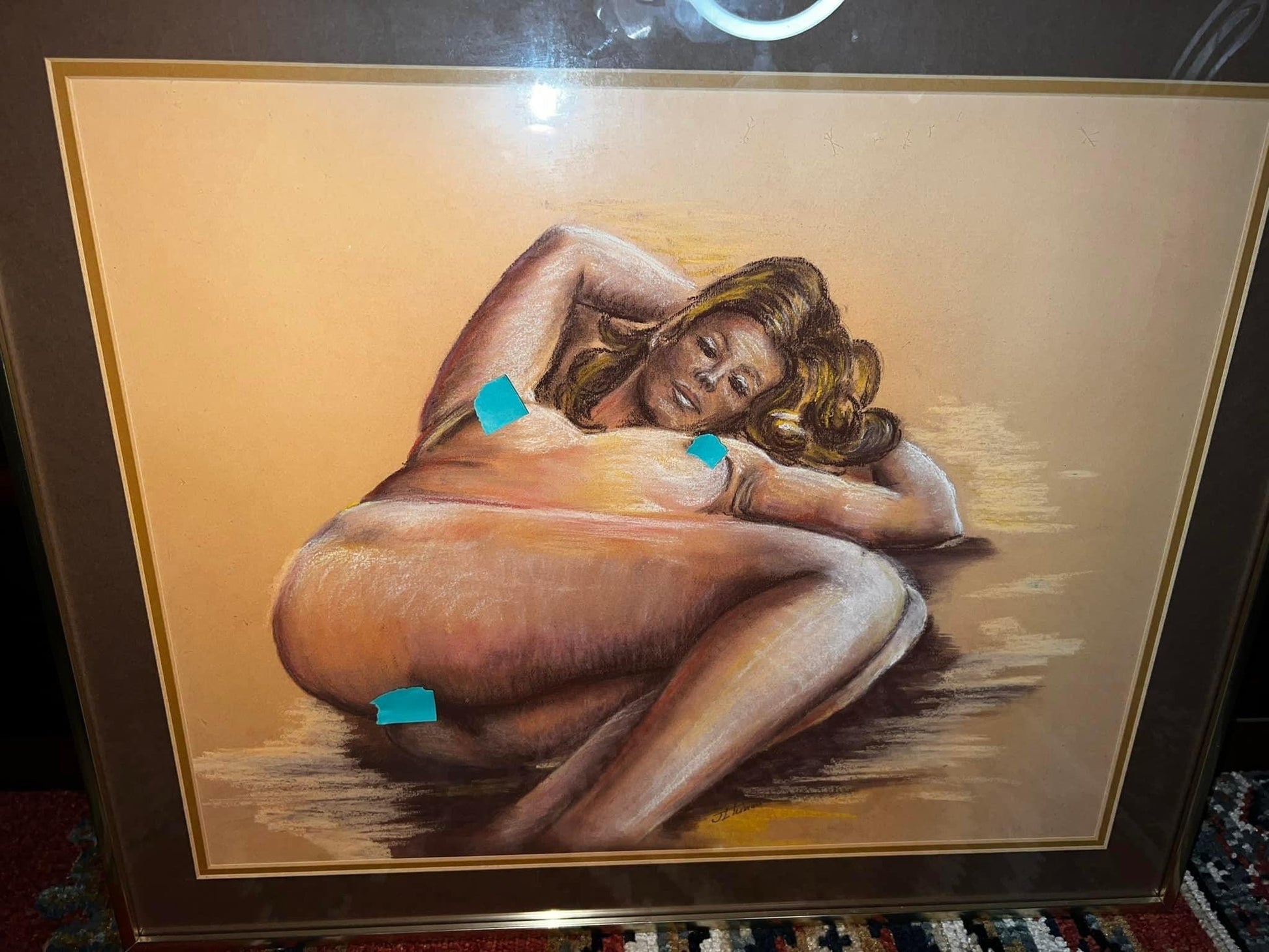 Vintage nude risqué woman Original artist Charcoal pastel 1974