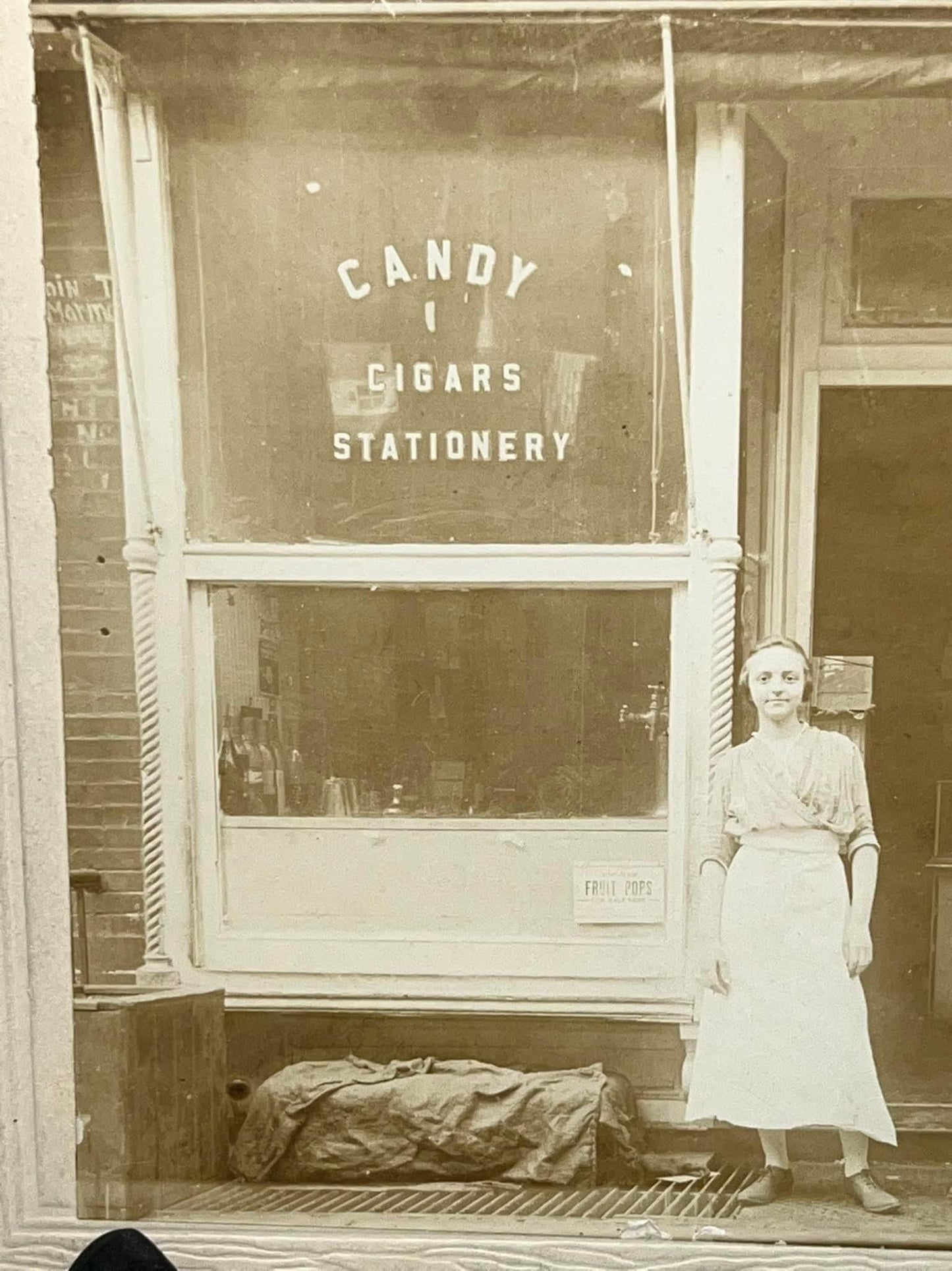Antique mounted photo 1890s 1900s occupational Candy store & tobacco American flags in window camel advertising
