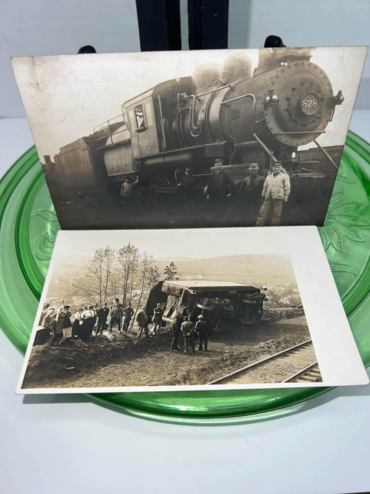 Antique Early railroad photos 2 rppc photos E 1900s real photo postcard train wreck