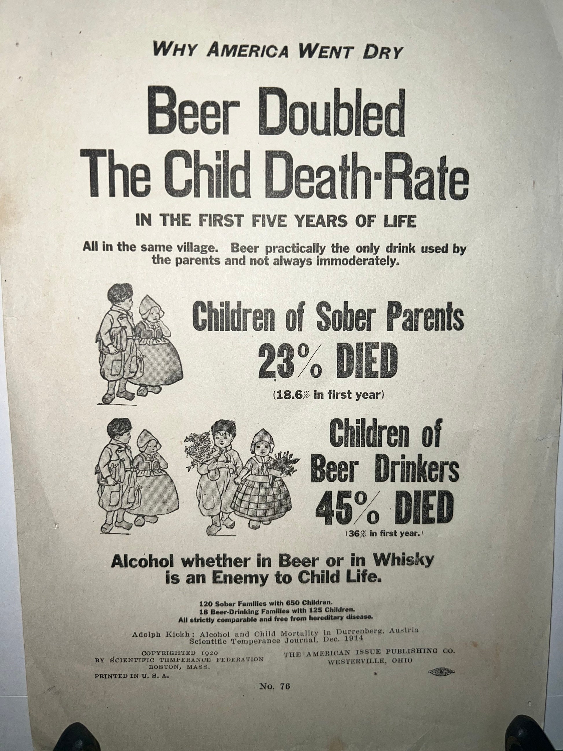 Antique prohibition warning anti alcohol beer doubled the child death rate 1920 advertisement