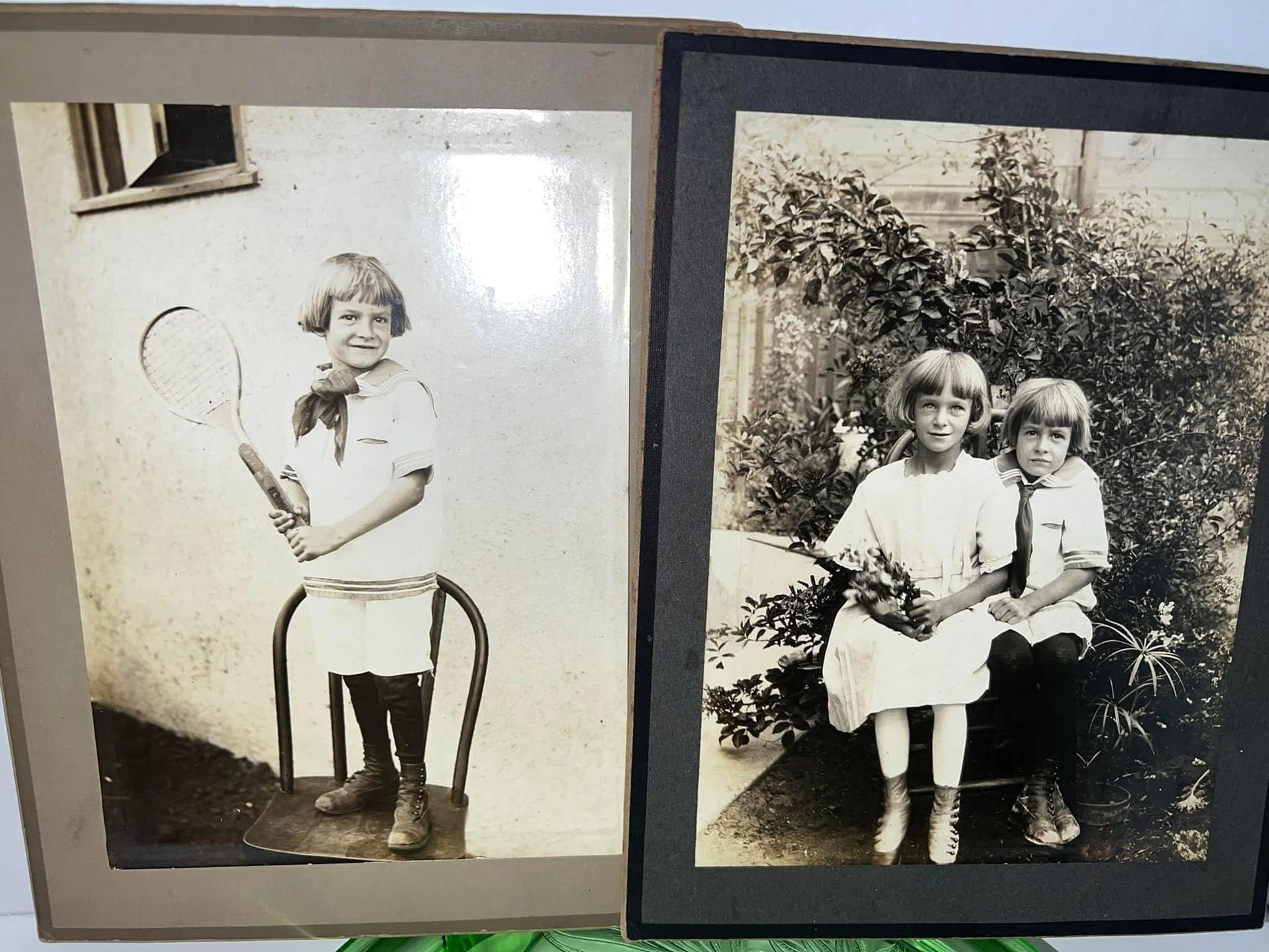 Antique Edwardian 2 mounted photos 1910’s 2 little girls sisters outdoors