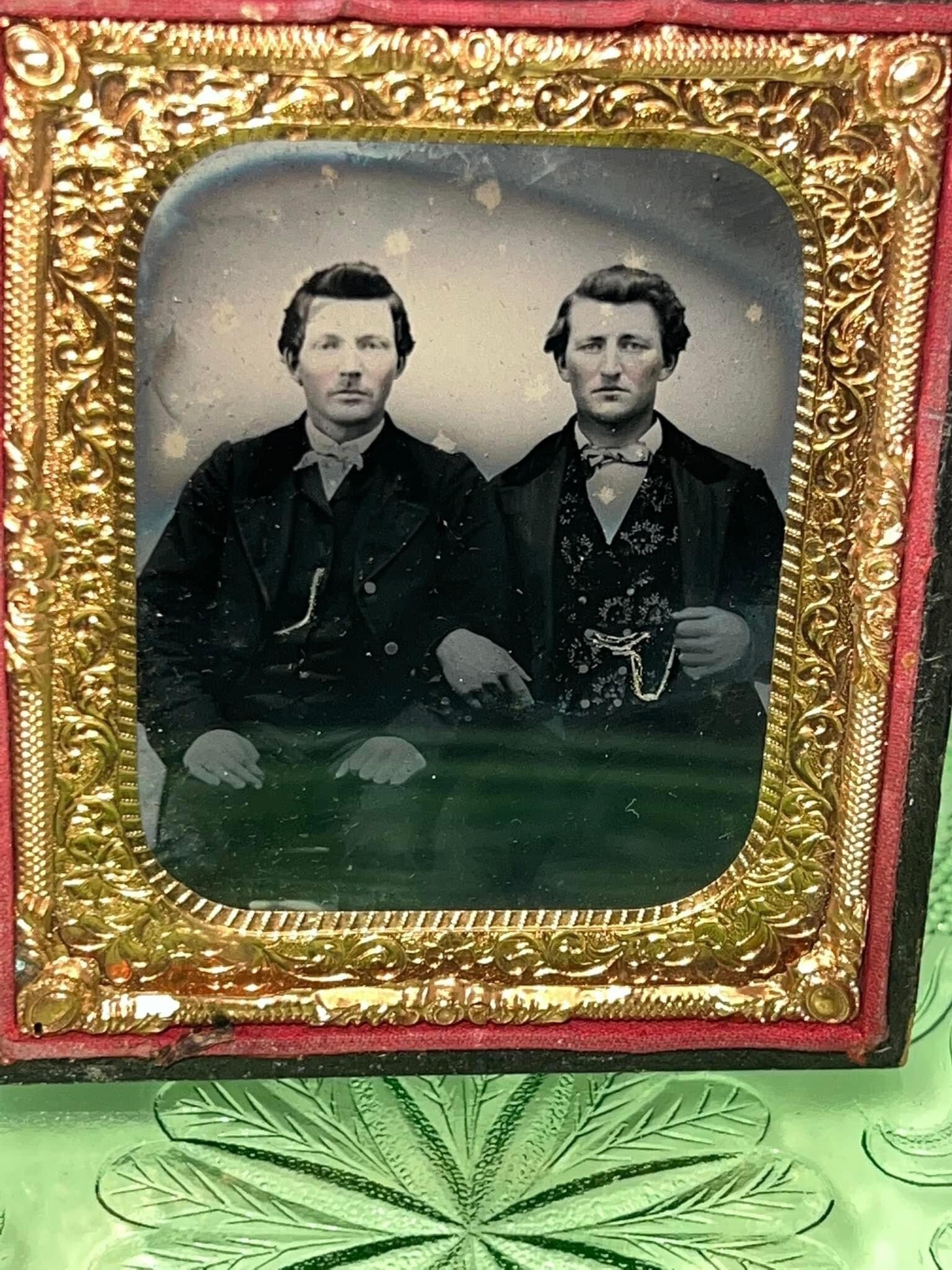Antique civil war era Ambrotype 1/6 plate Half case 2 dapper gentleman posing 1860s