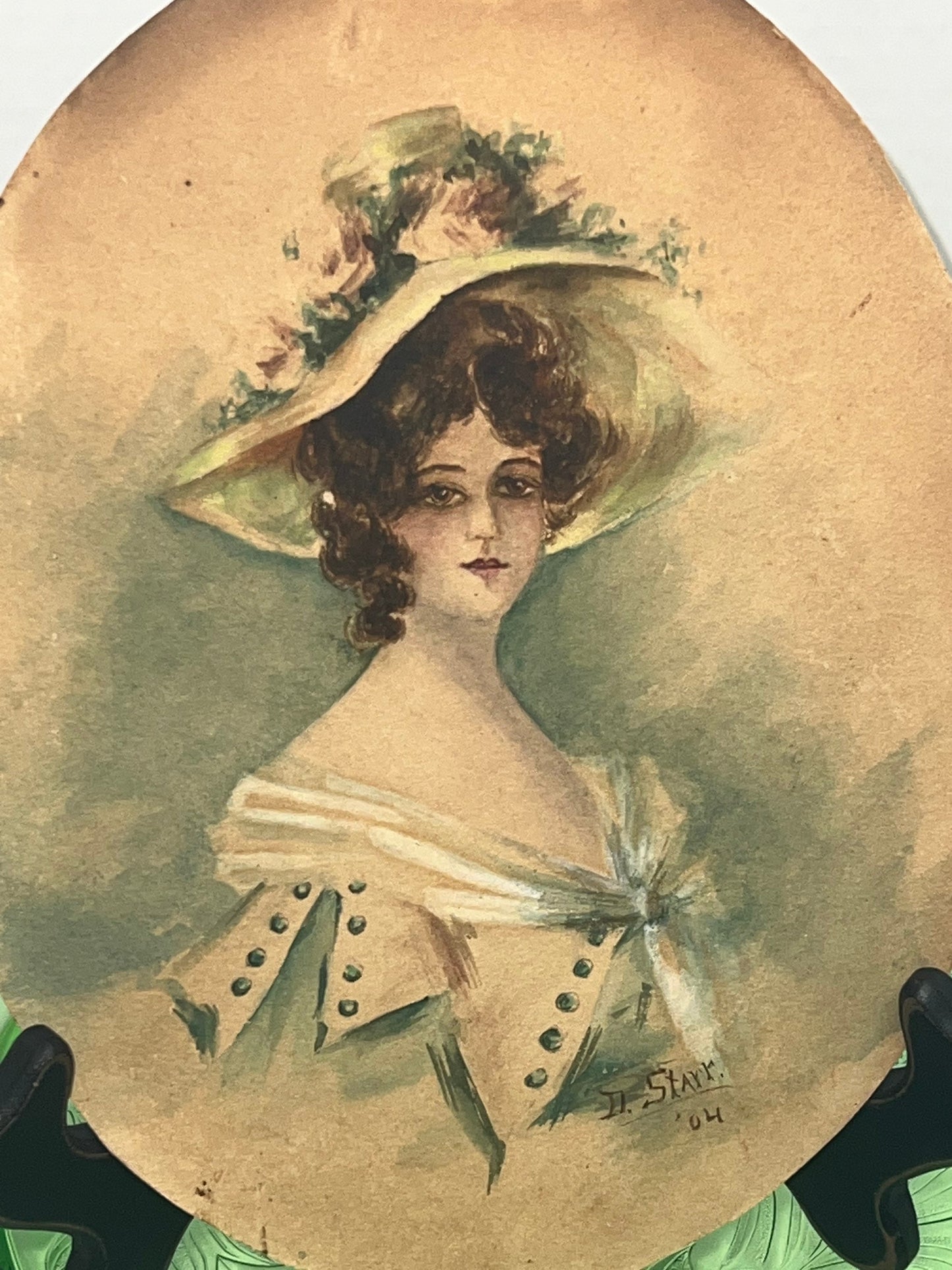 Antique watercolor art Edwardian woman 1904 hand painted