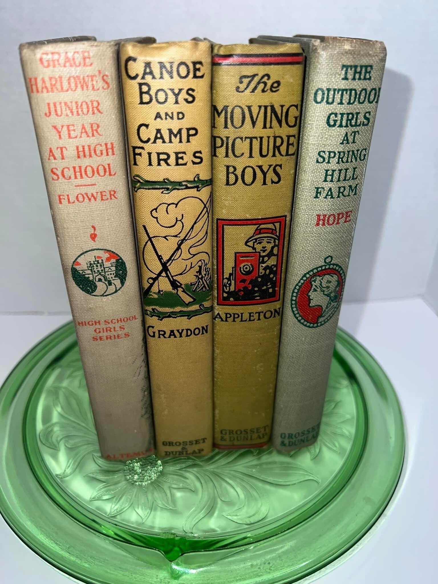 Antique 4 decorated cover young reader books 1912-1920s Outdoor girls , moving picture boys , canoe boys , junior year at high school