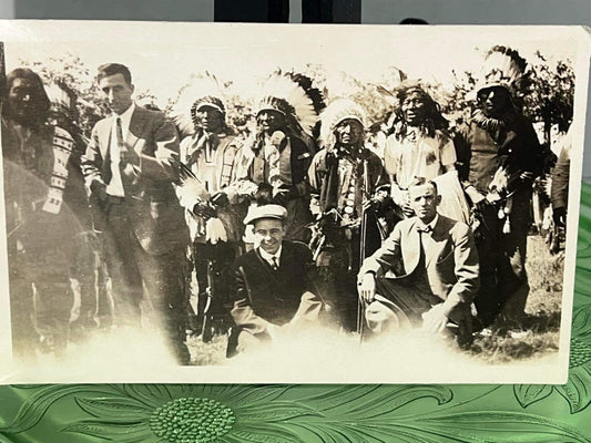 Antique real photo postcard rppc 3 gentleman posed in front of 6 Native Americans
