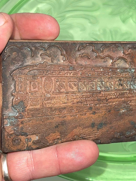 Vintage copper printing block Trolly - advertising American druggist syndicate