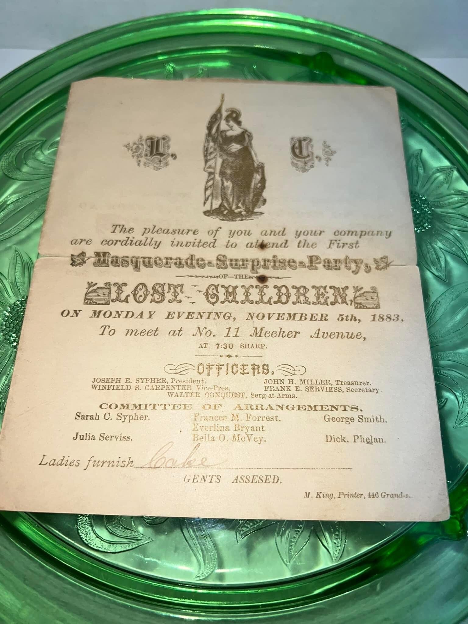 Antique rare Victorian Masquerade party—1883 Masquerade surprise party of the lost children handbill advertising