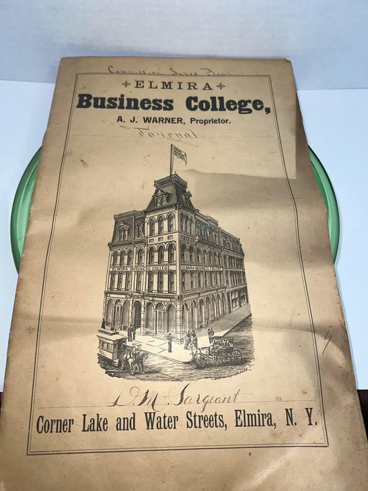 Antique Early ledger 1888 Great cover graphic - Elmira business college For a - dm Sargent handwritten
