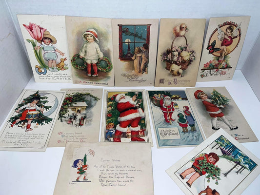Antique 27 early holiday postcards All posted 1910-1920 Christmas , thanksgiving, Easter Santa clause