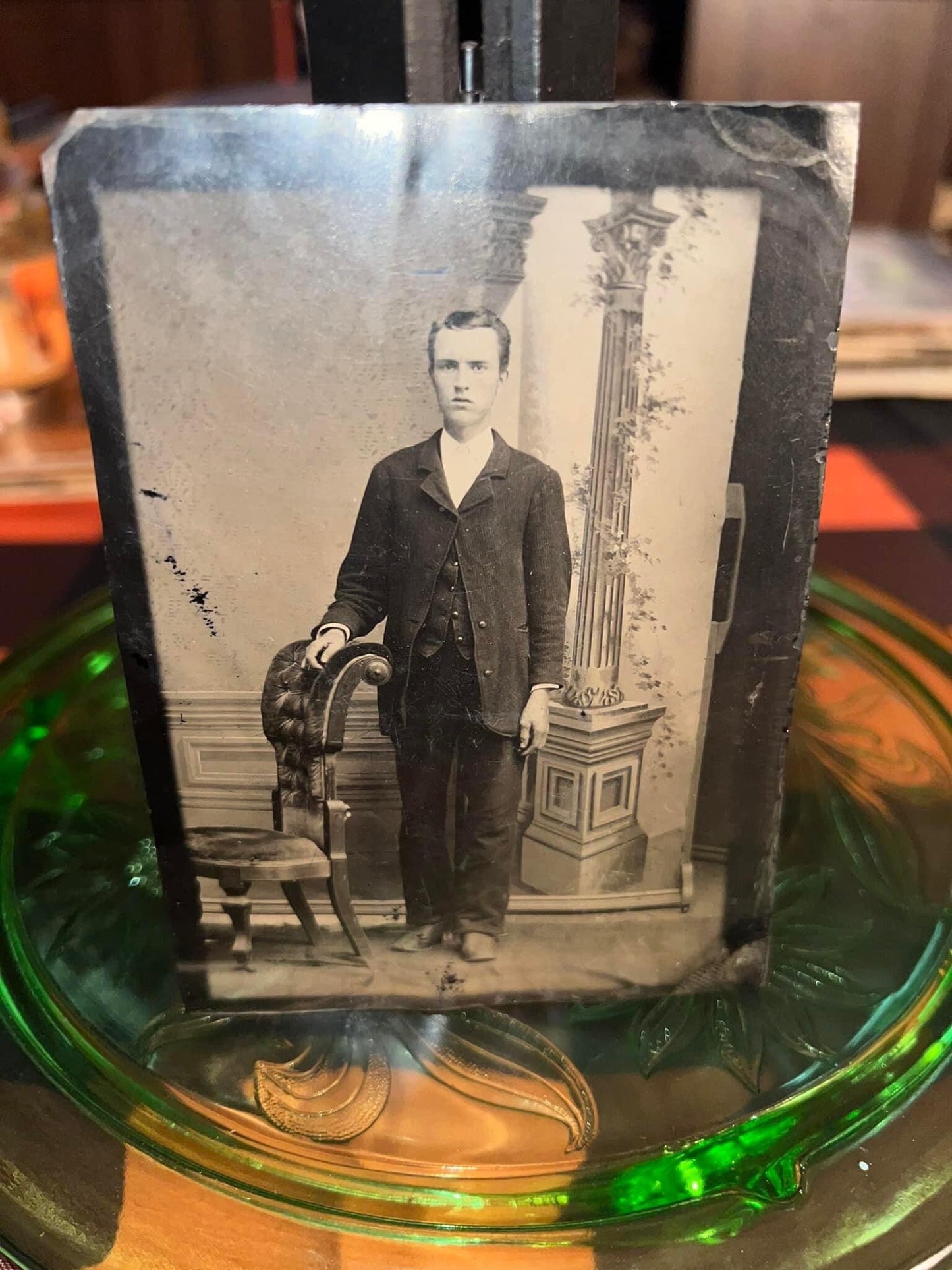 Antique Victorian Quarter plate tintype Interesting how you can see the full back drop wheels & pull handle 1800s photo